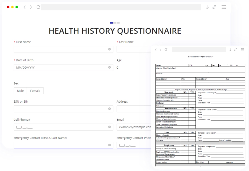 Online and Printable Health History Questionnaire