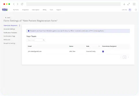 Form settings screen in the HIPAA-Compliant form builder